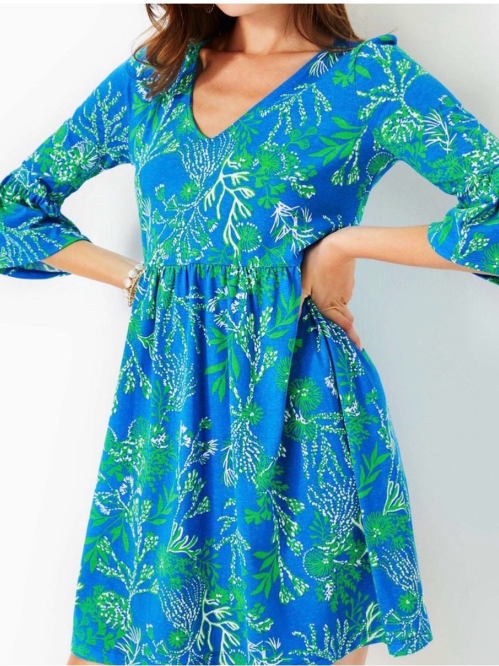 Lilly Pulitzer Jannie V neck Royal Blue & Green Floral V-Neck Tiered Midi Dress